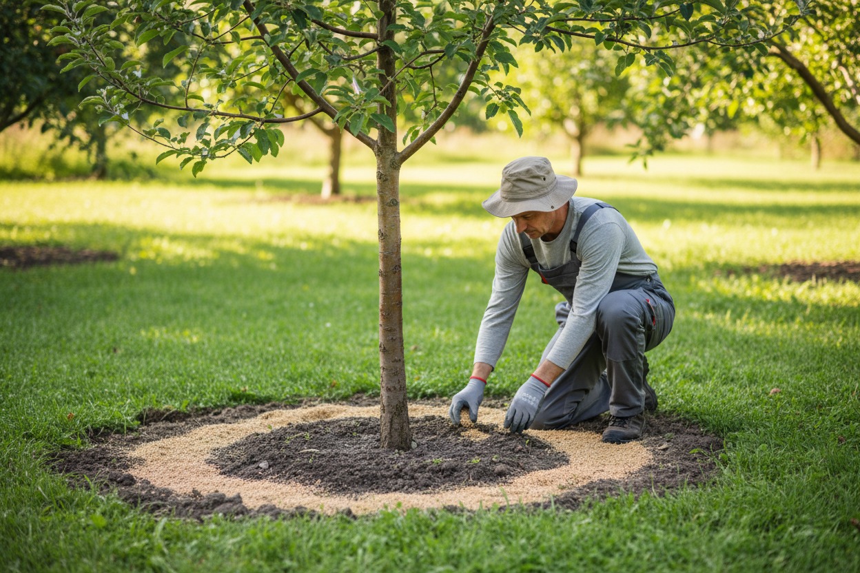 Applying Down to Earth All Purpose Mix 4-6-2 around the drip line of a fruit tree
