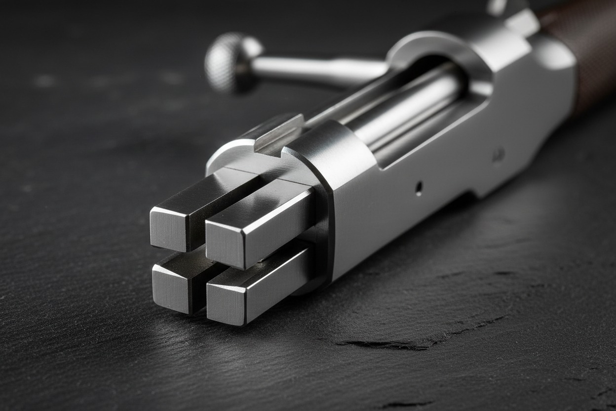 Granite Mountain Arms M98 double square bridge action close-up showing machined steel craftsmanship
