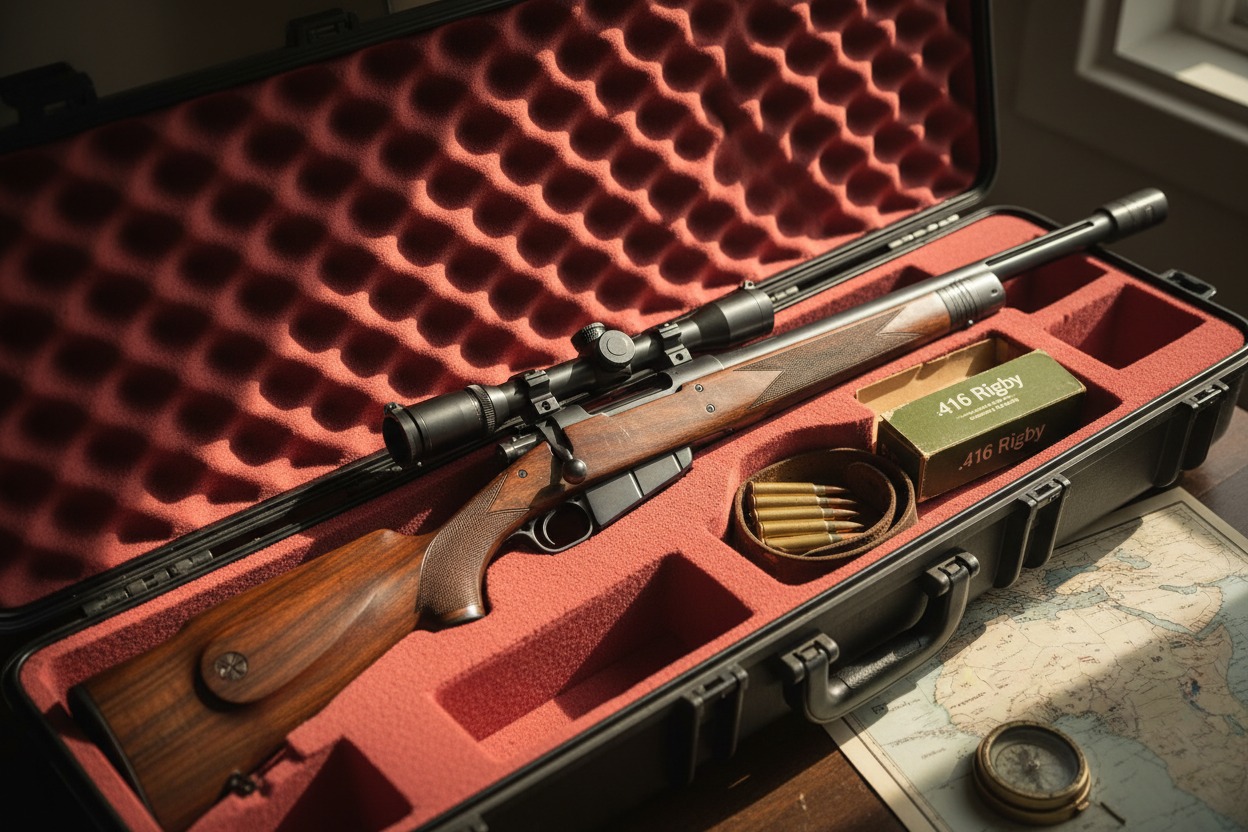 Custom safari rifle built on Granite Mountain Arms action in rifle case with dangerous game ammunition