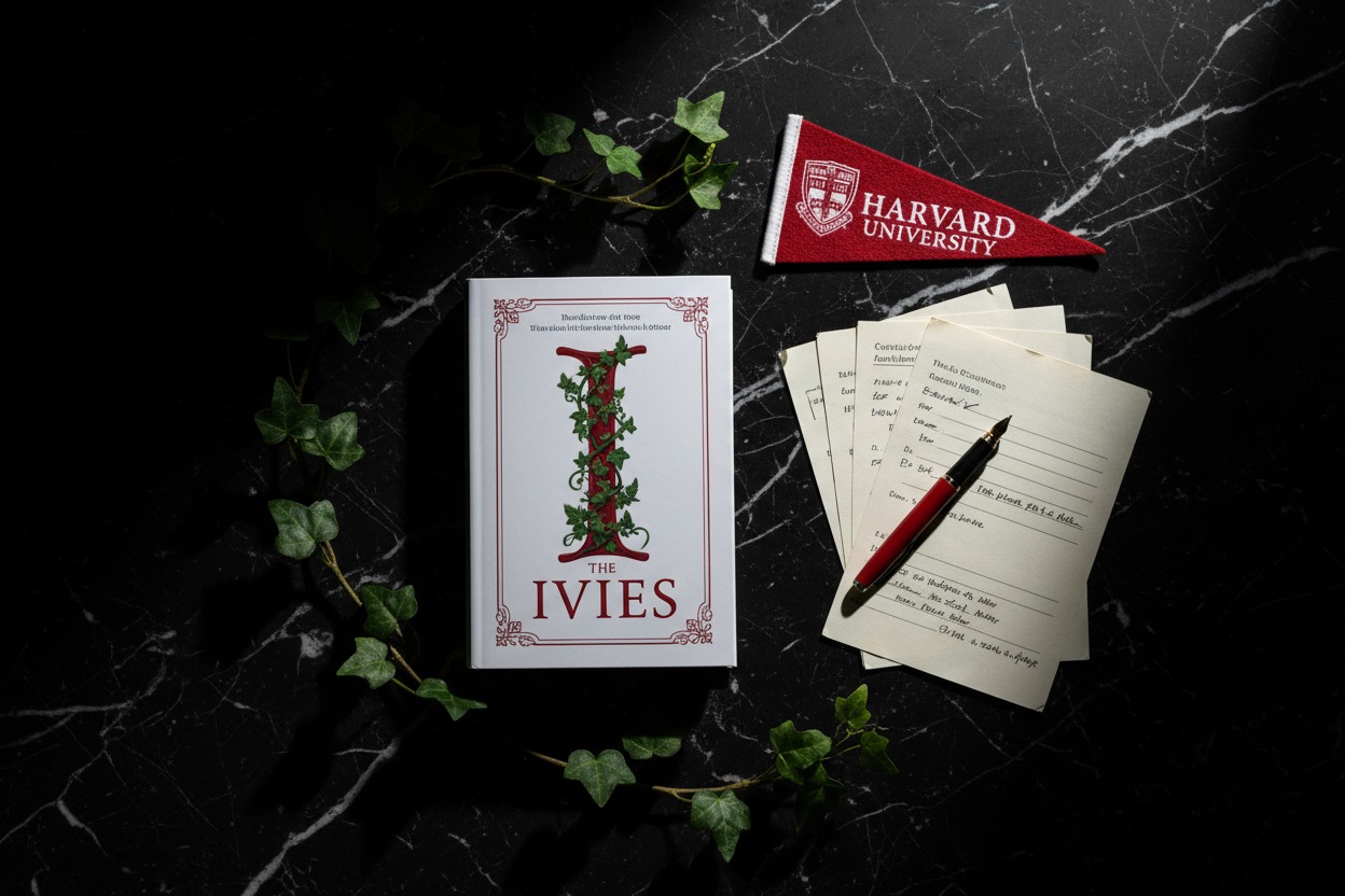 The Ivies by Alexa Donne book on dark academia flat-lay with Ivy League college symbols