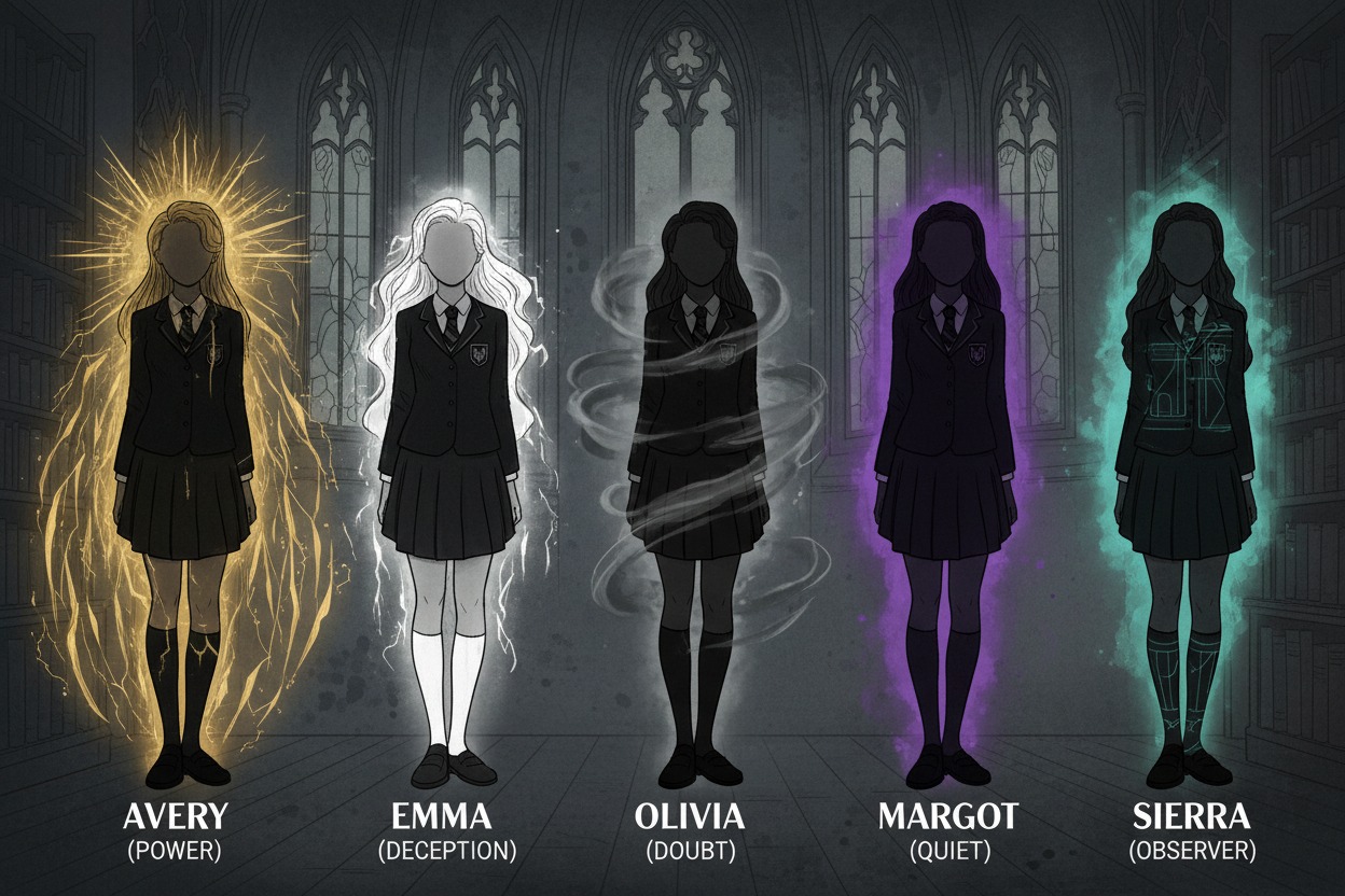 Character lineup illustration for The Ivies by Alexa Donne — Olivia, Avery, Emma, Margot, Sierra