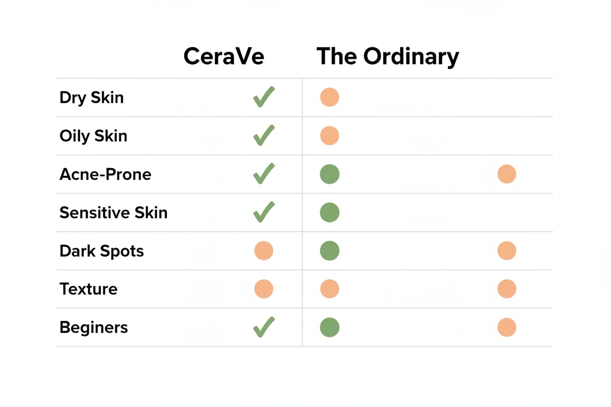 CeraVe vs The Ordinary comparison chart by skin type and concern for Gen Z women