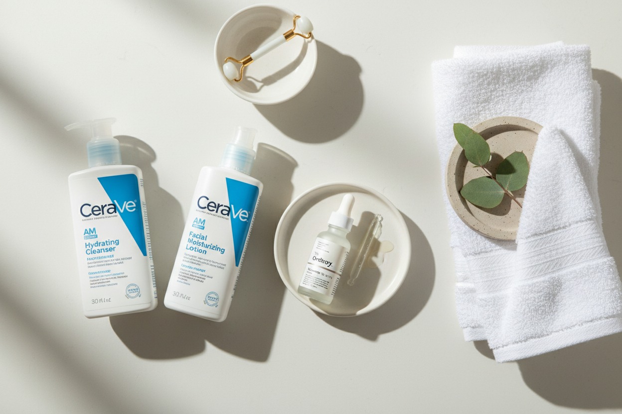 Simple Gen Z morning skincare routine with CeraVe and The Ordinary products on bathroom counter