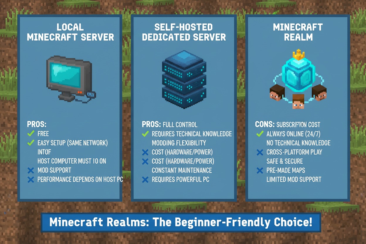 Minecraft Java Realm vs dedicated server vs local world comparison infographic