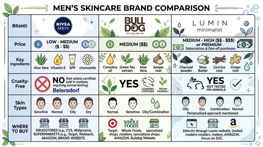 NIVEA Men vs Bulldog vs Lumin comparison table — skin care products for men side by side