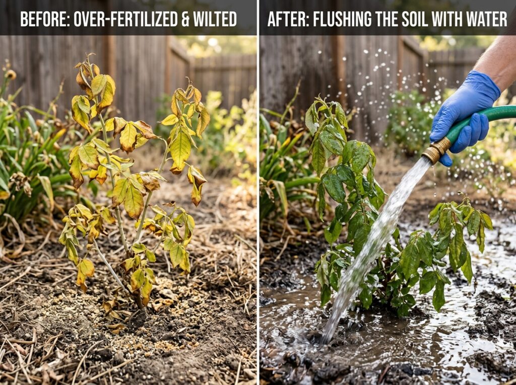 how to fix over fertilized plants by flushing soil with water