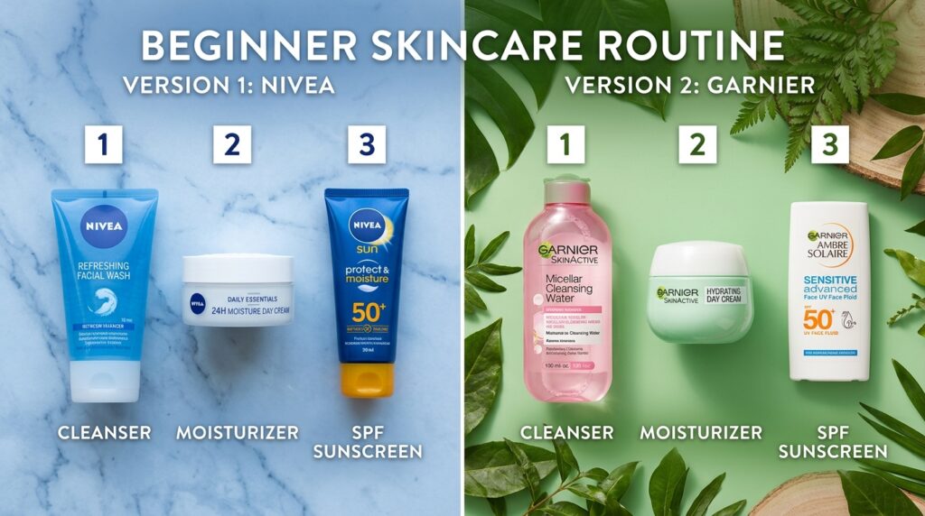 Beginner skincare routine steps with Nivea and Garnier products showing cleanser moisturizer and SPF in order