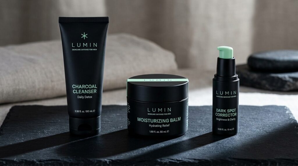 Lumin skincare for men — premium ingredients, charcoal cleanser, moisturizing balm, best skincare for men