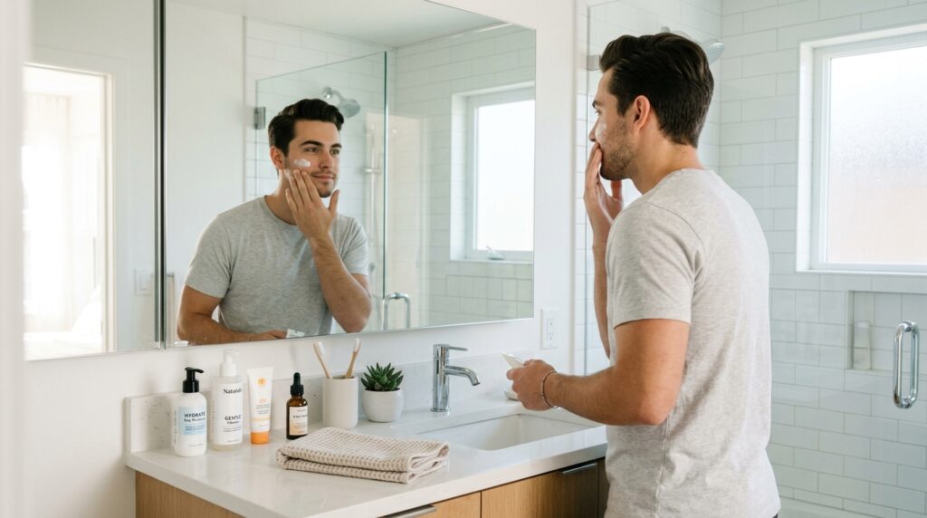Gen Z man building a skincare routine — best skin care products for men morning routine