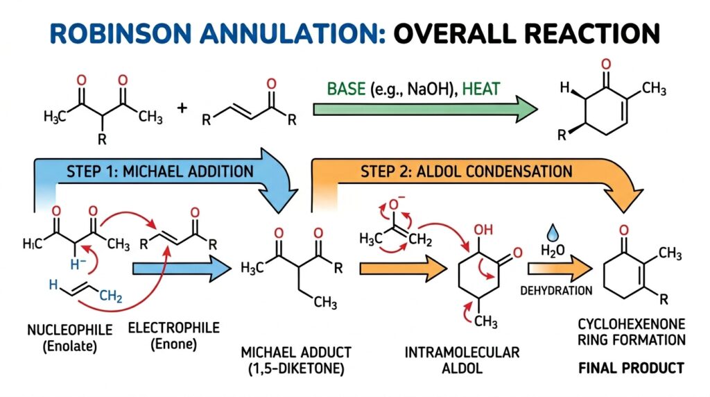 Robinson annulation reaction overview showing formation of cyclohexenone ring