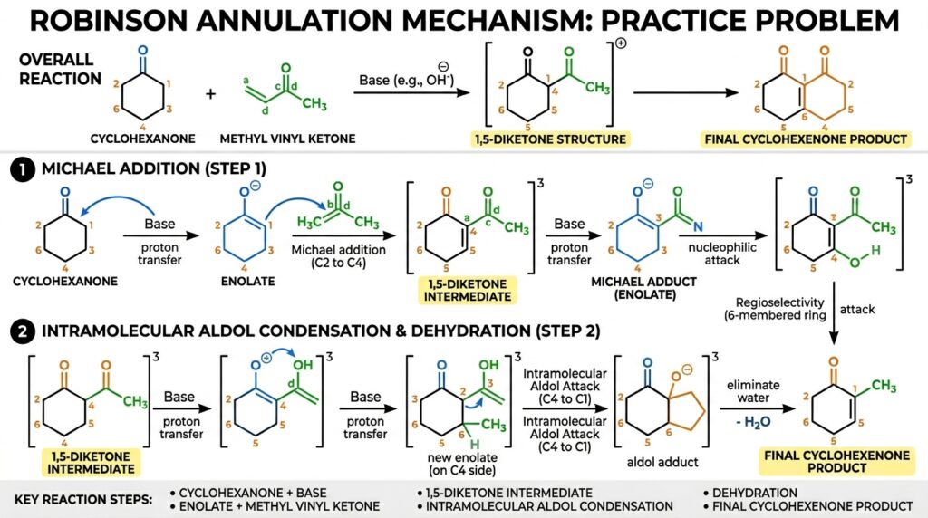 Robinson annulation practice problem with cyclohexanone and MVK showing diketone intermediate