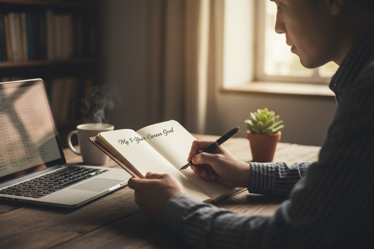 Person writing long-term career goals in a journal — goal setting for career success
