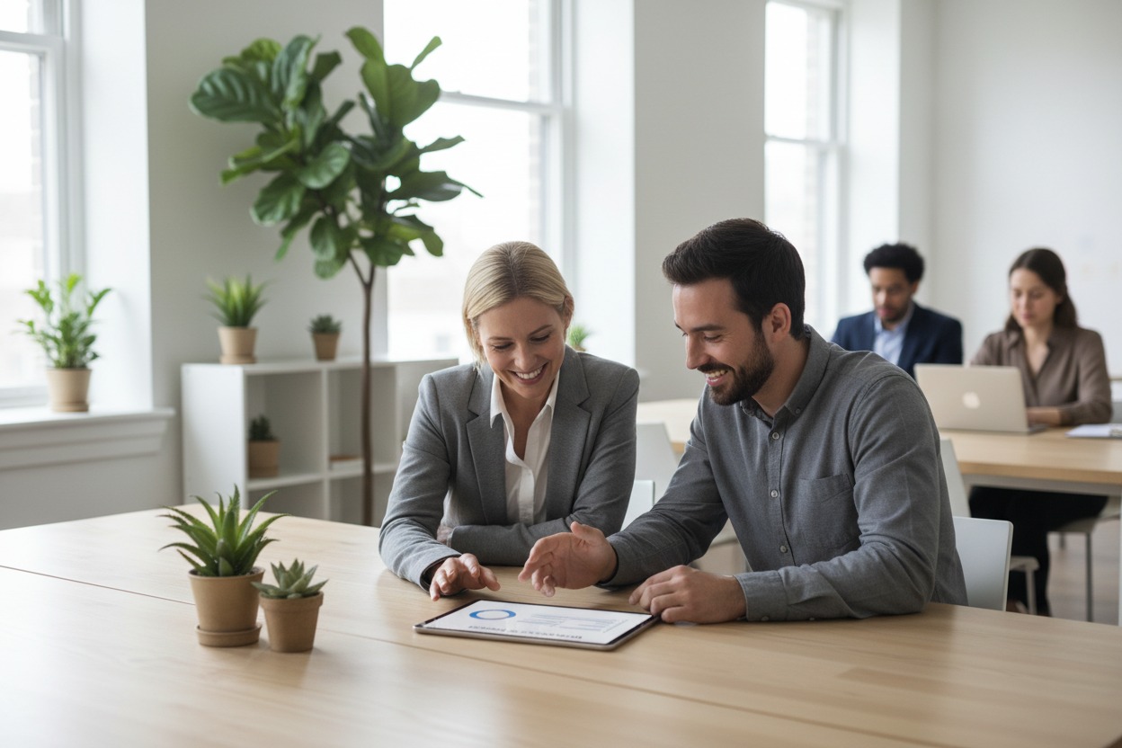 Employee and manager reviewing work goals for performance evaluation