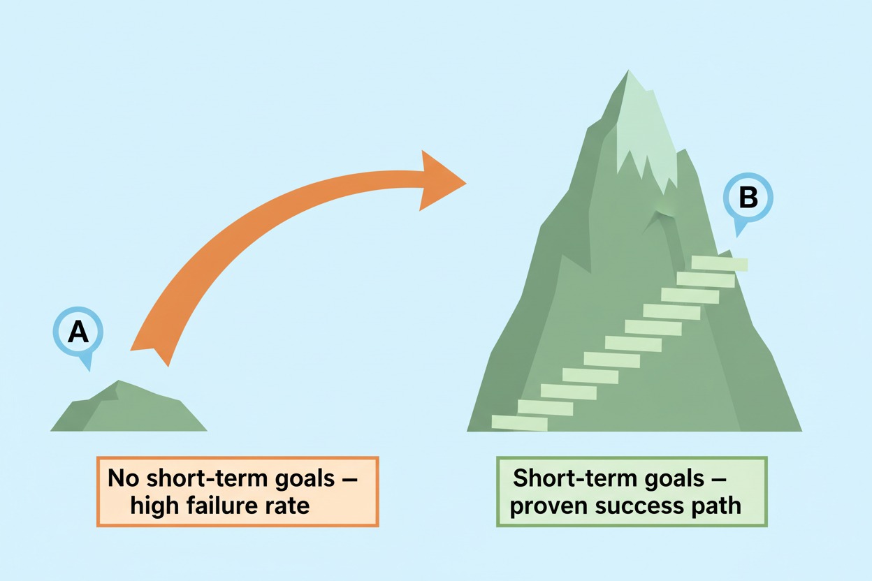Goal setting science — short term goals vs no goals career success comparison diagram
