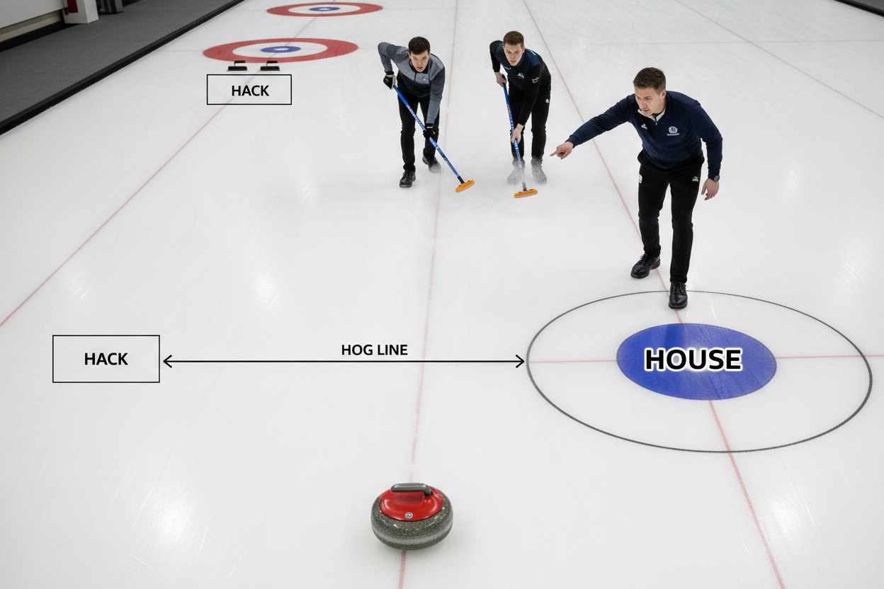 Diagram of a curling sheet showing where sweepers affect the stone's path