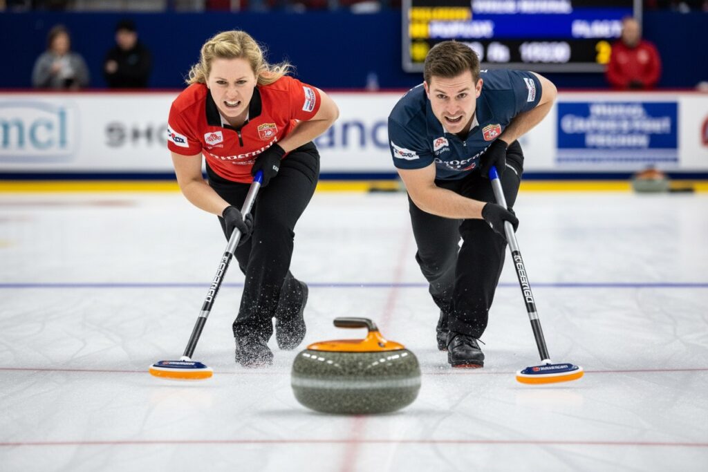 Olympic curlers sweeping aggressively to influence the stone's path and speed