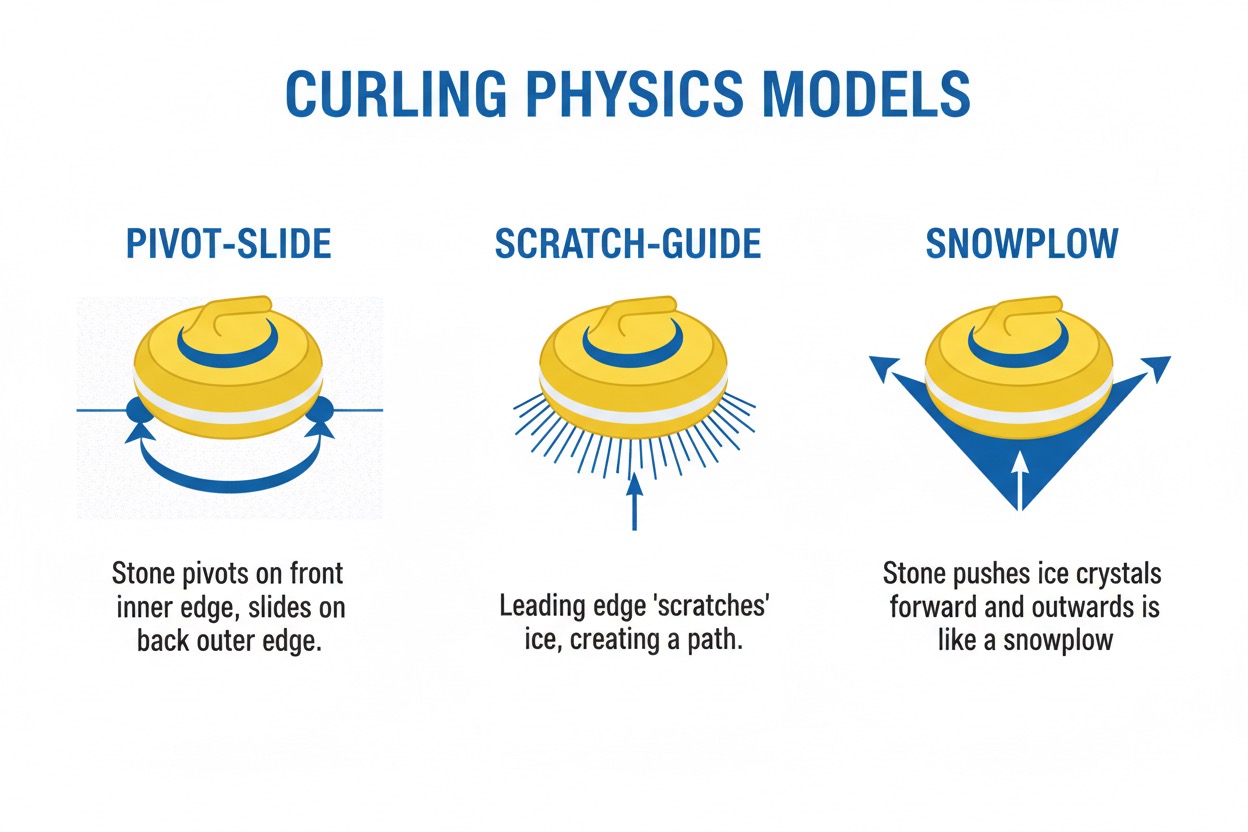 Clean scientific infographic illustrating three competing curling physics models — pivot-slide, scratch-guide, and snowplow — shown as simple labeled diagrams with arrows indicating stone rotation and ice contact points, minimalist white background with a curling-themed yellow and blue color scheme.
Description: A simplified visual breakdown of the academic debate makes a complex physics topic accessible to beginner readers without requiring a science background.