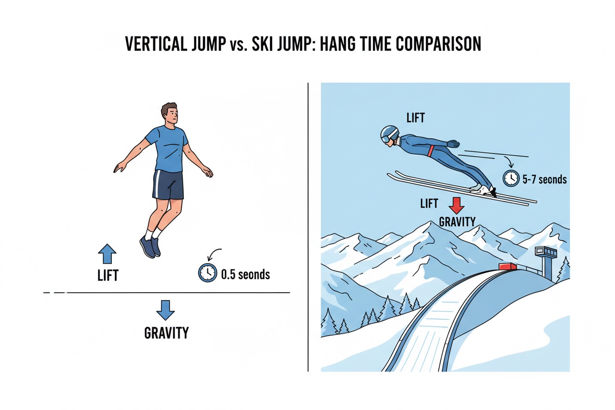 comparison of human jump height versus ski jump flight time showing how ski jumpers stay in the air so long