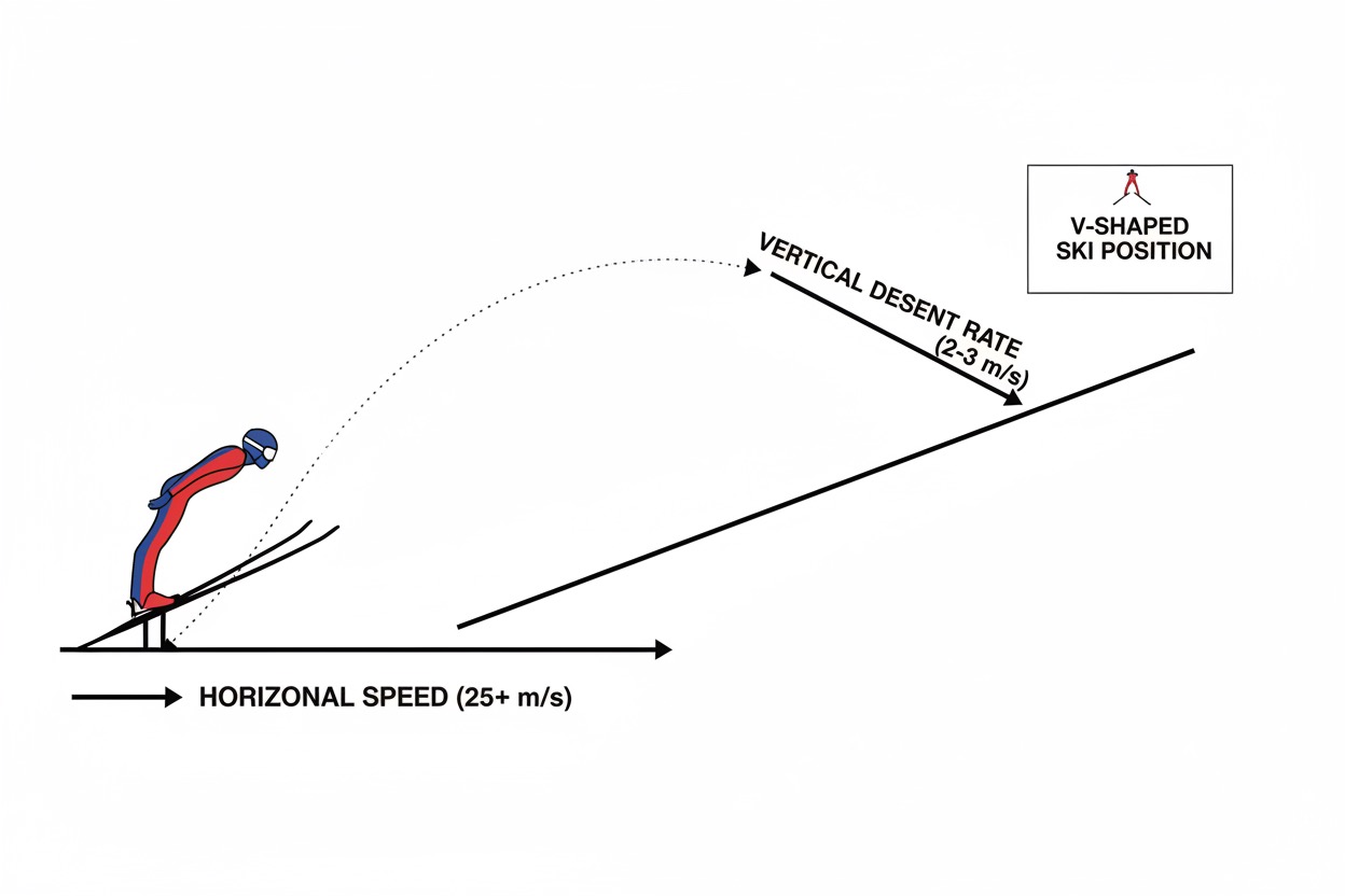 diagram showing how fast ski jumpers go during flight and why they descend so slowly