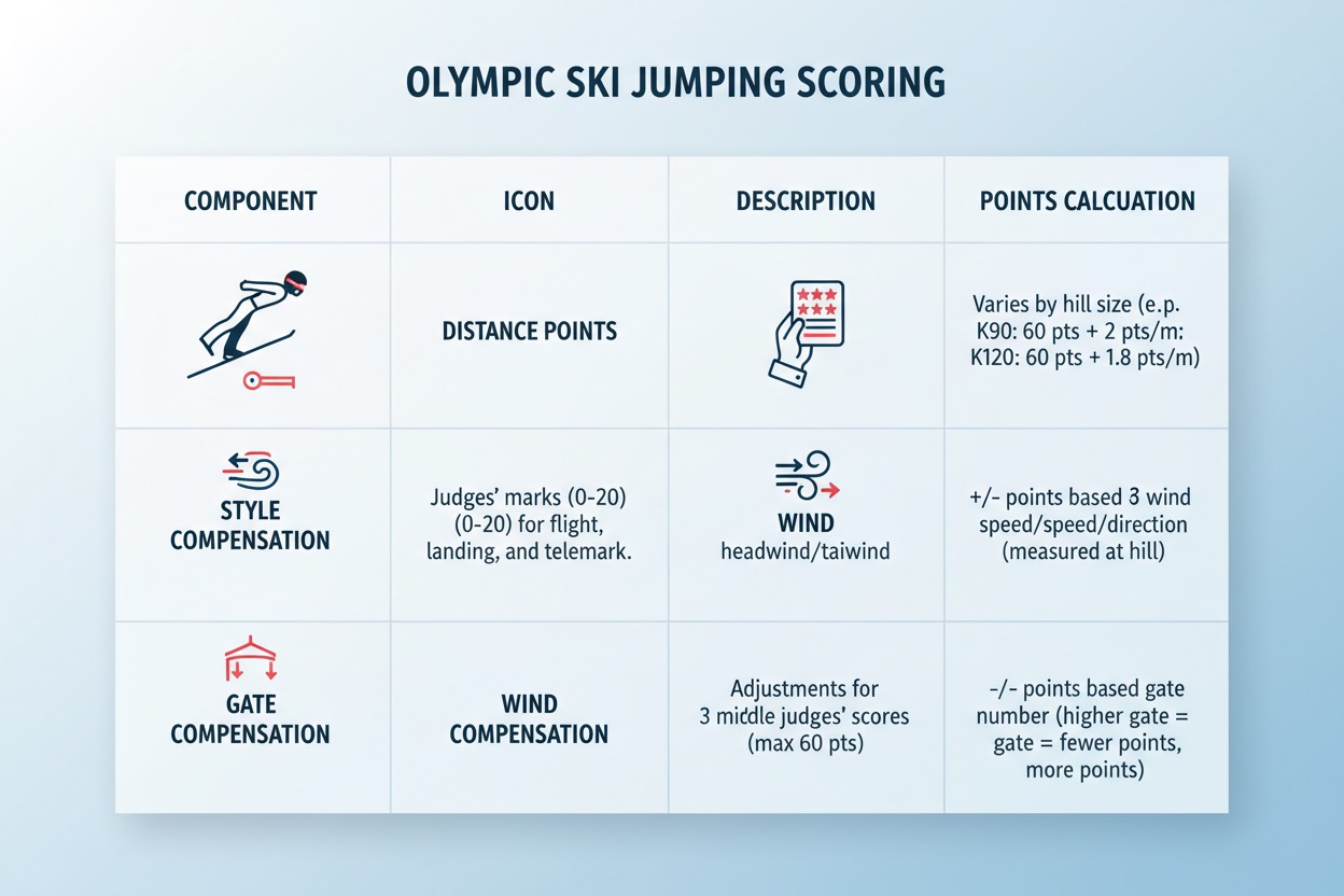 infographic explaining ski jumping Olympics scoring system distance style wind gate points