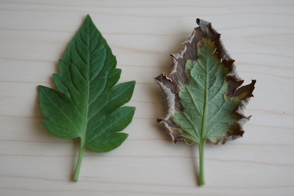 comparison of healthy plant leaf versus fertilizer burn from incorrect dosing