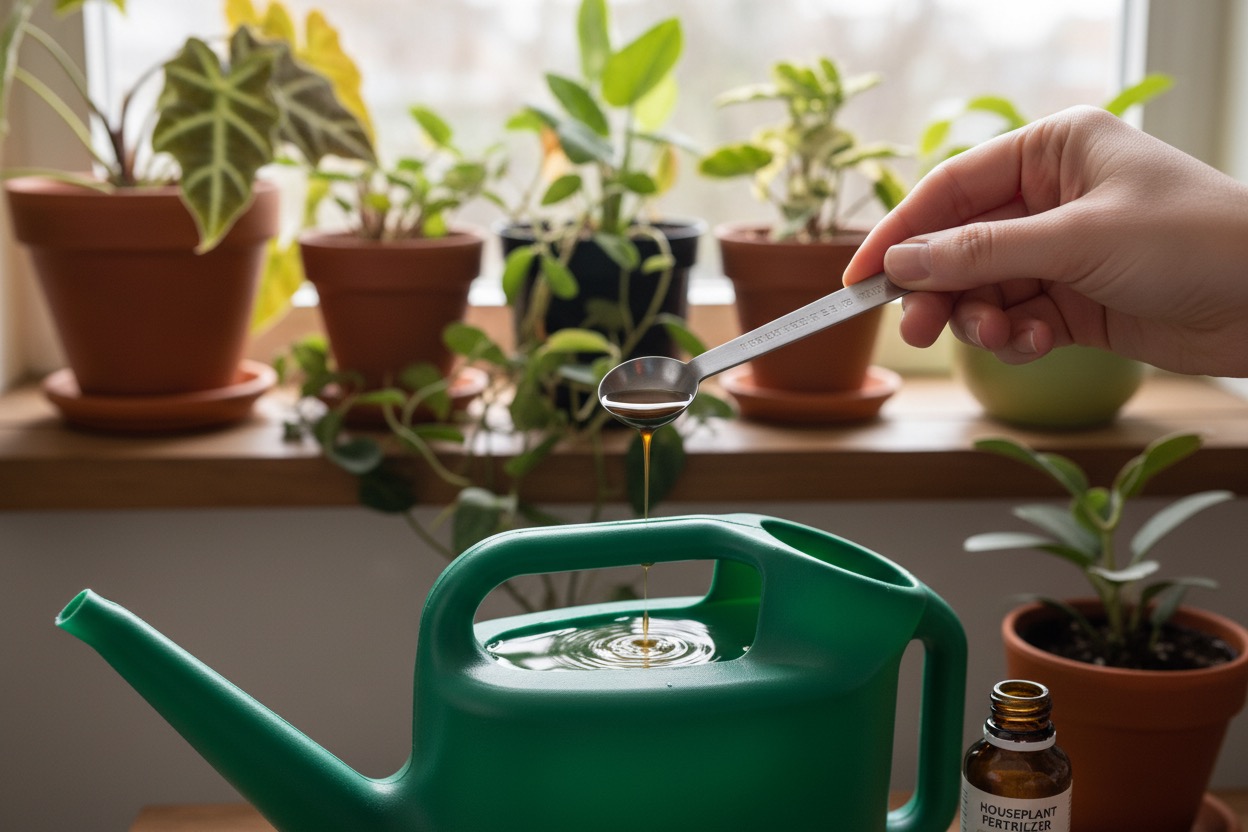 how to dose liquid fertilizer for houseplants measuring spoon watering can