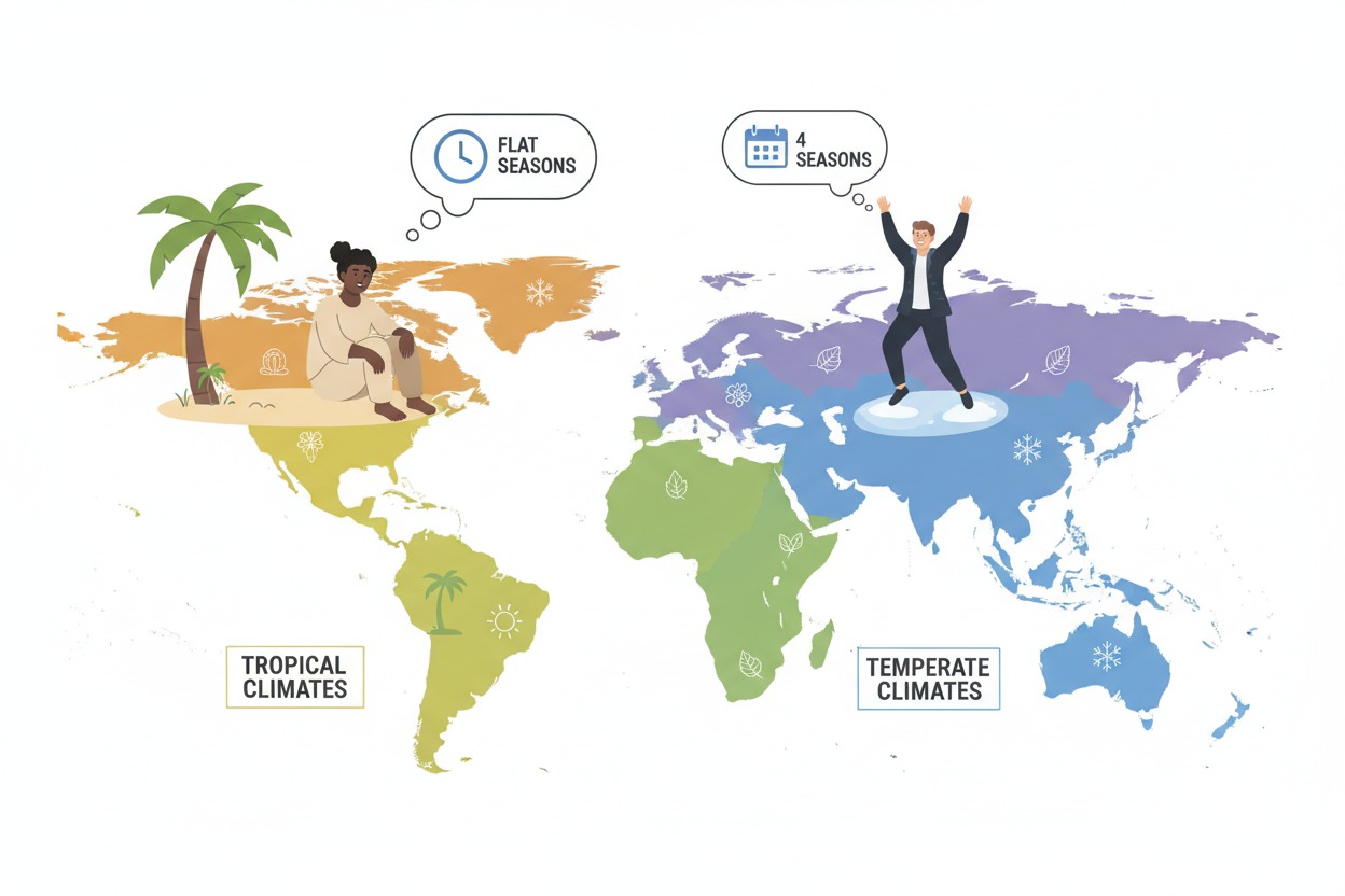 Does not having a change of season affect humans — tropical vs. temperate climate comparison
