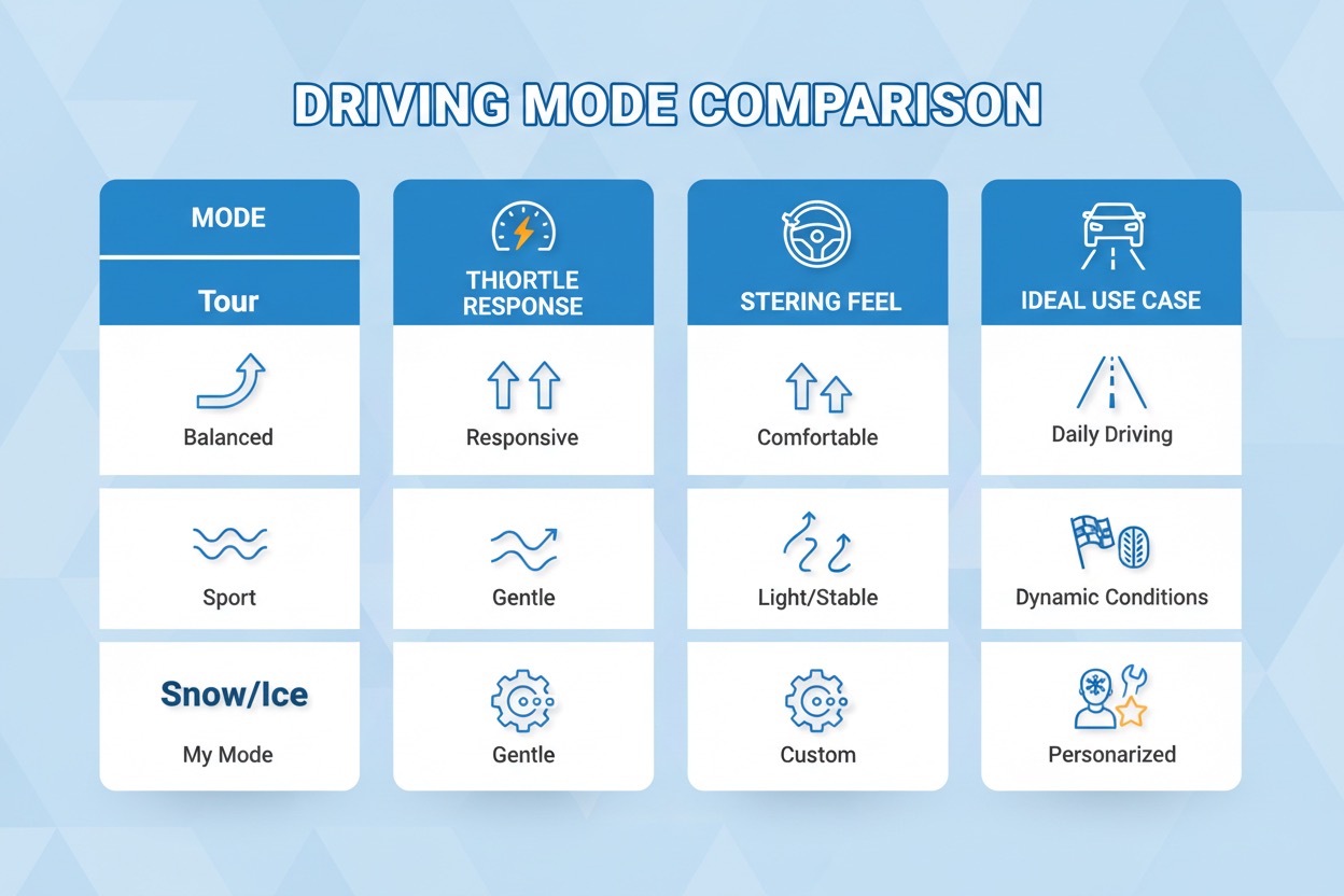 Cadillac LYRIQ drive modes comparison chart Tour Sport Snow Ice My Mode