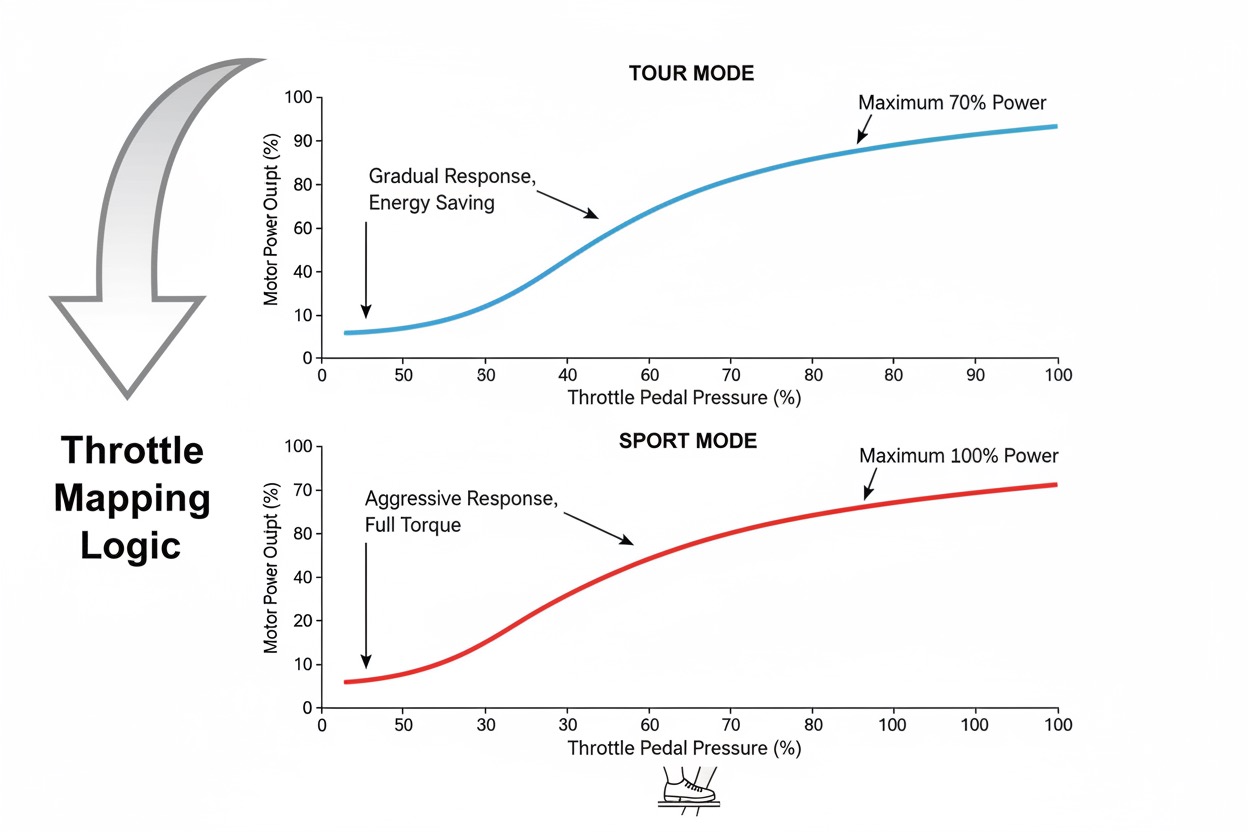 how Cadillac LYRIQ Sport mode versus Tour mode affects motor power and battery usage