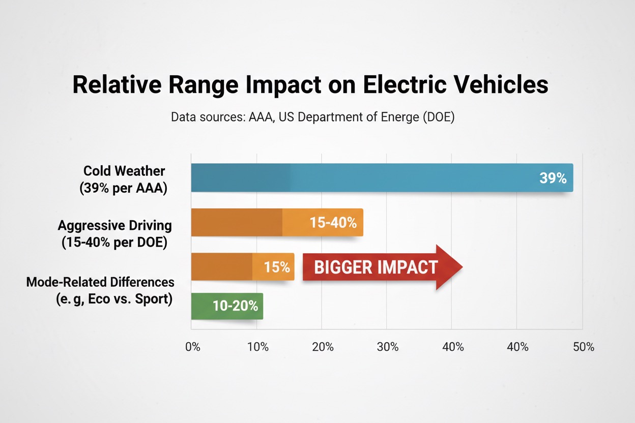 comparison chart cold weather versus driving style versus drive mode impact on EV range