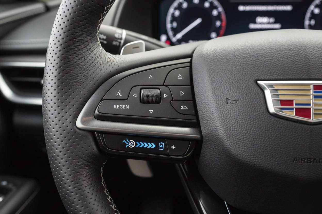 Close-up photo of the Cadillac LYRIQ steering wheel showing the Regen on Demand paddle, with a small inset graphic illustrating energy flowing back to the battery during deceleration.