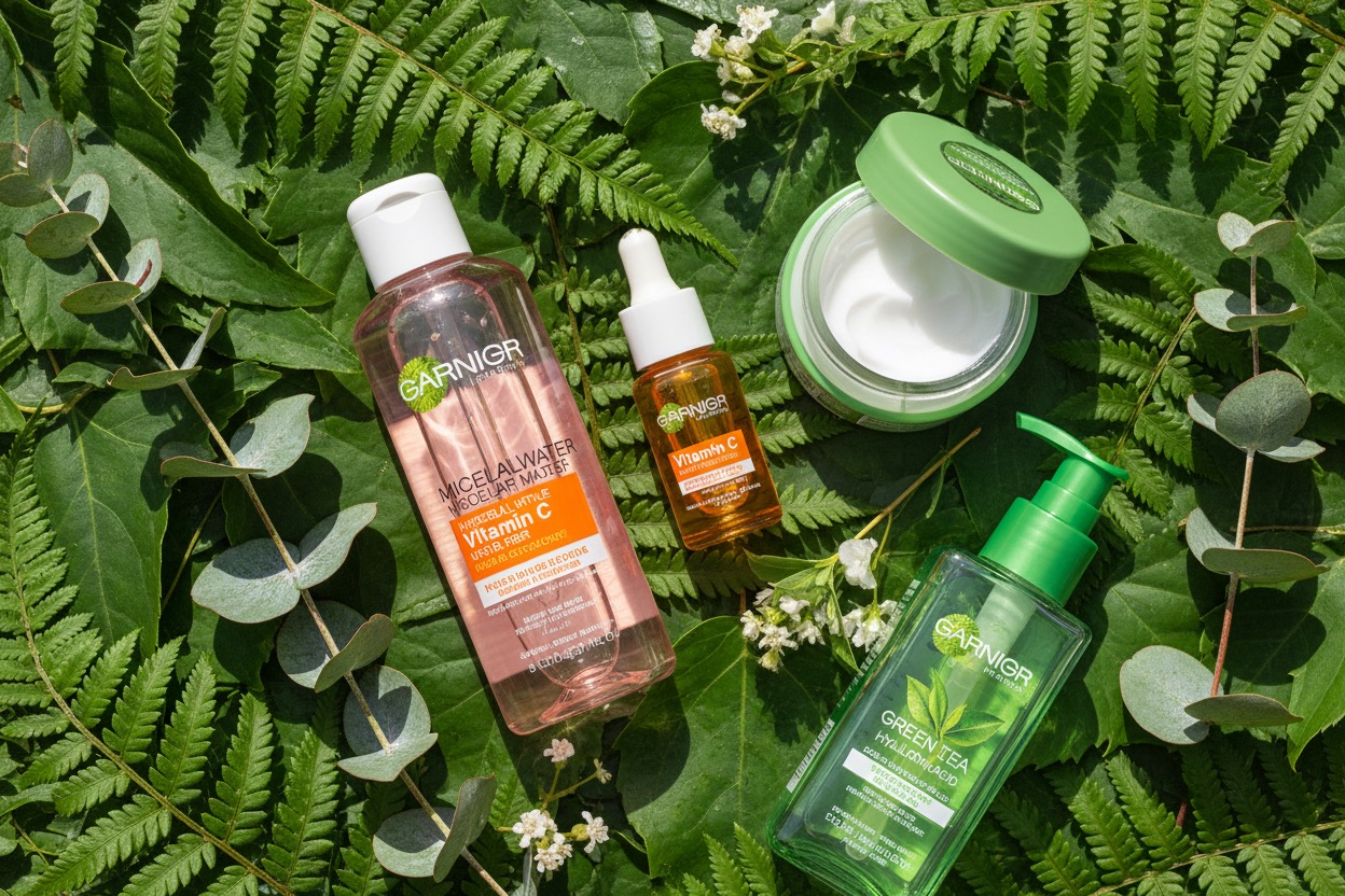 Garnier skincare products for beginners including micellar water vitamin C serum and hyaluronic moisturizer on green background