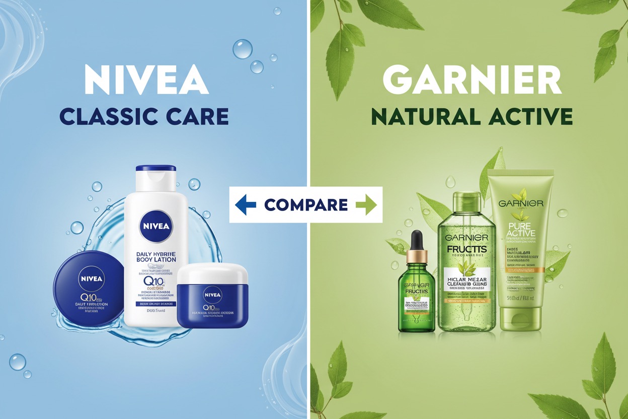 Nivea vs Garnier skincare comparison infographic for beginners with product images and feature callouts side by side