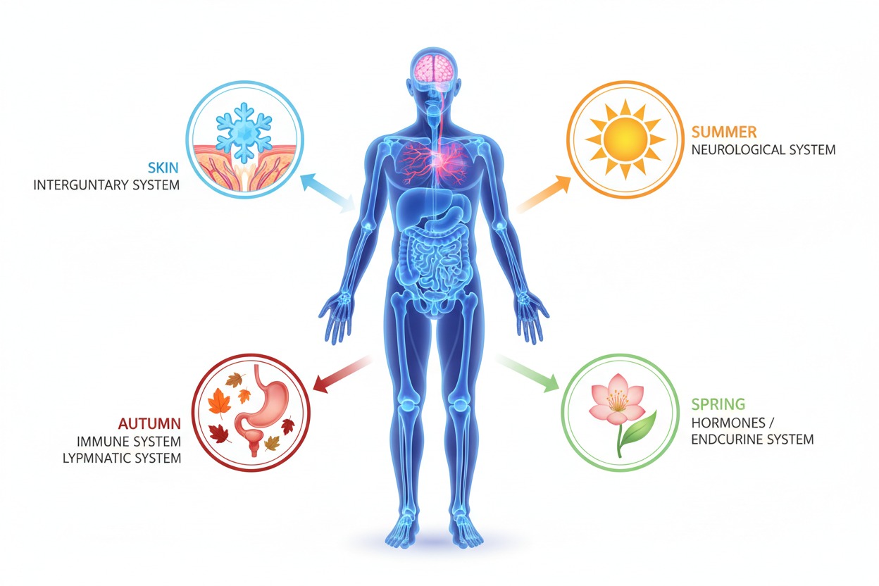 Infographic showing how changing seasons affect the human body and its systems