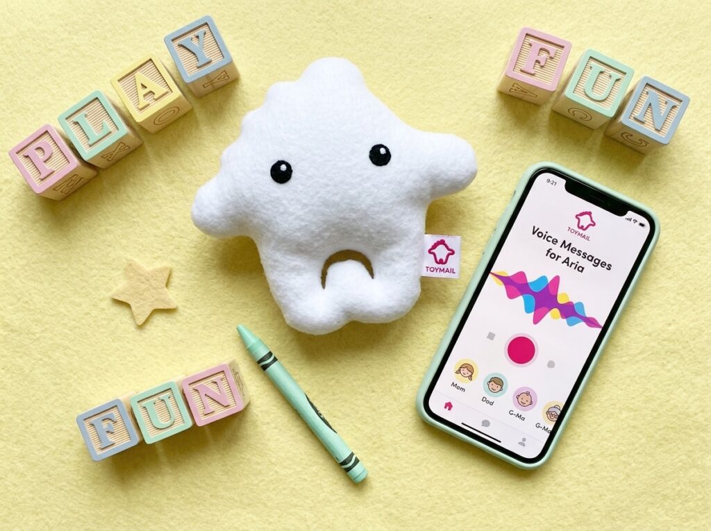 Toymail Talkie wifi plush toy next to companion app, illustrating what Toymail products looked like.