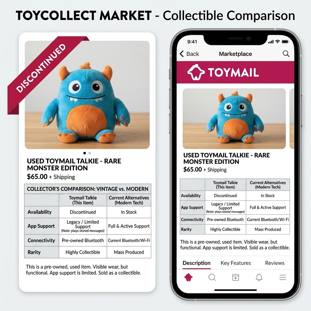 Toymail Talkie listed secondhand on Amazon, showing the toy is no longer officially manufactured.
