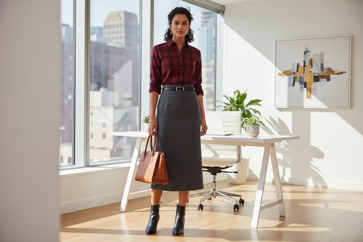 Flannel business casual for a woman styled with a midi skirt and belt