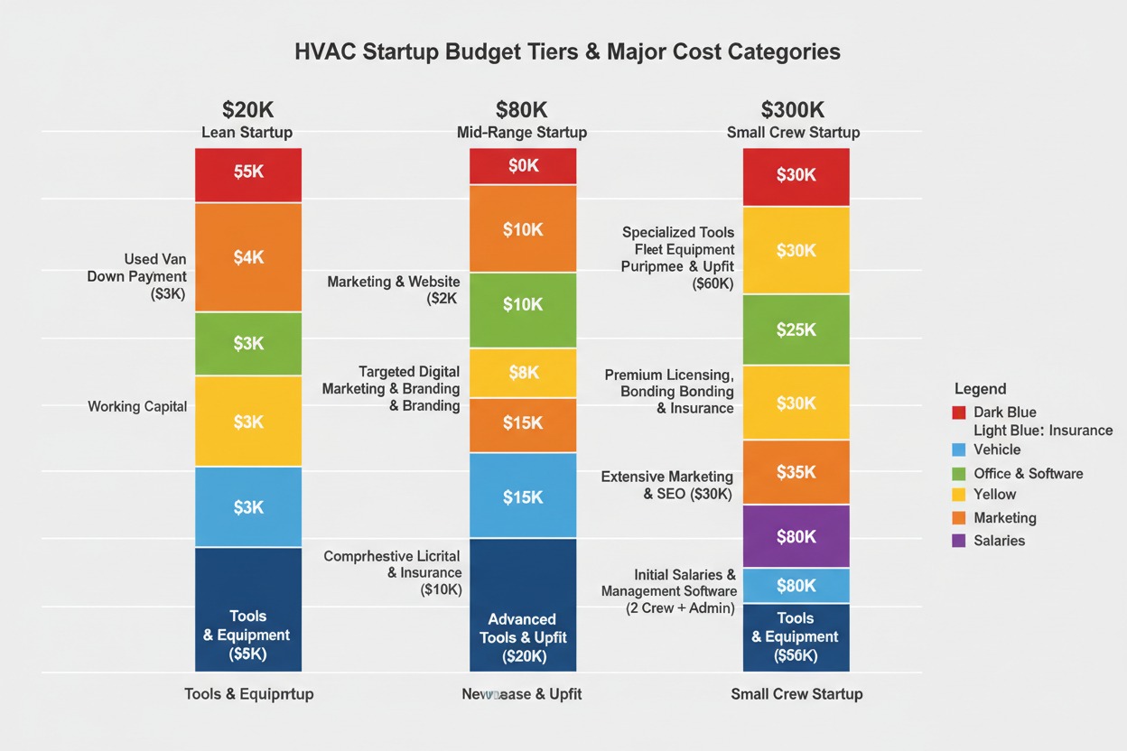 HVAC business start-up cost comparison chart by budget tier