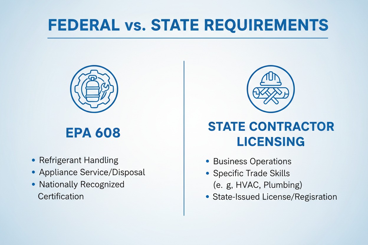 HVAC business licenses needed, federal EPA, and state requirements infographic