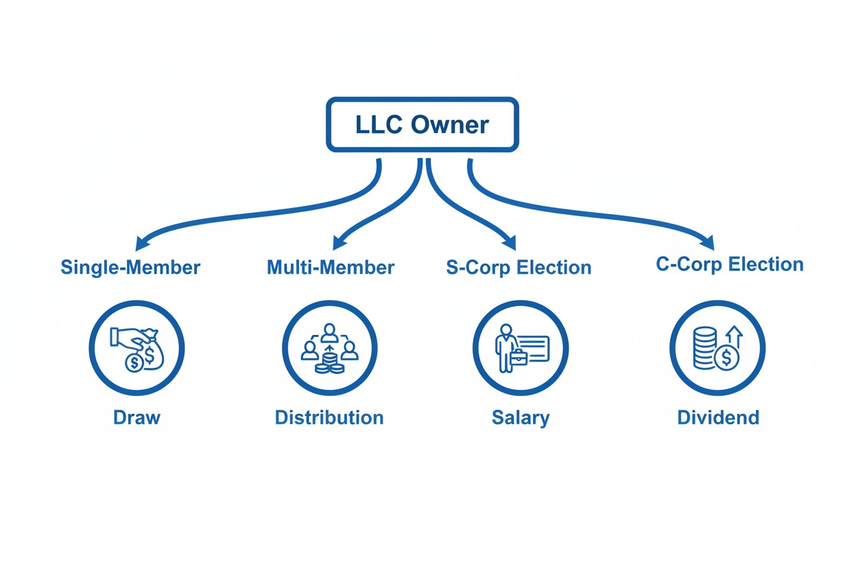 Flowchart showing how to pay yourself as a business owner LLC based on tax classification