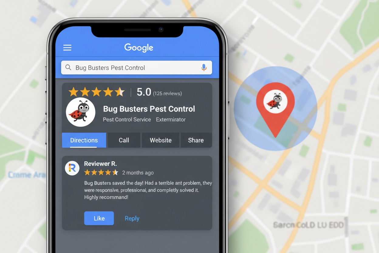 Pest control business Google reviews and local search example