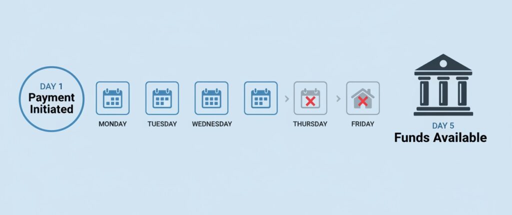 timeline showing how 5 business days are counted for payment processing.
