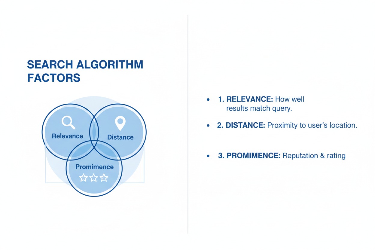 Google local SEO ranking factors relevance distance prominence diagram for small business Bath.
