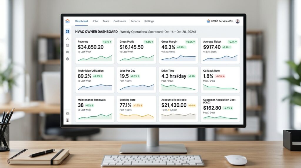 HVAC business KPI dashboard revenue margin callbacks maintenance customers
