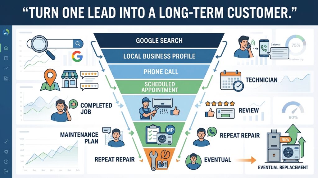 HVAC business marketing funnel local search repeat customer maintenance plan