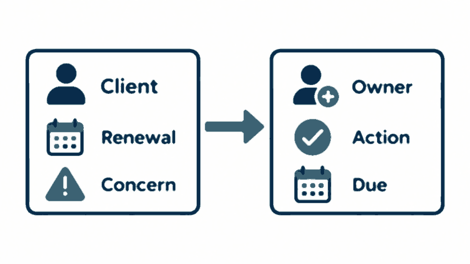 Client account details connected to an assigned action and follow-up deadline