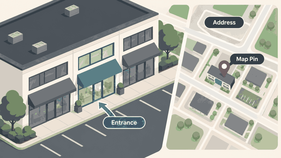Correct business address, map pin, and customer entrance shown together