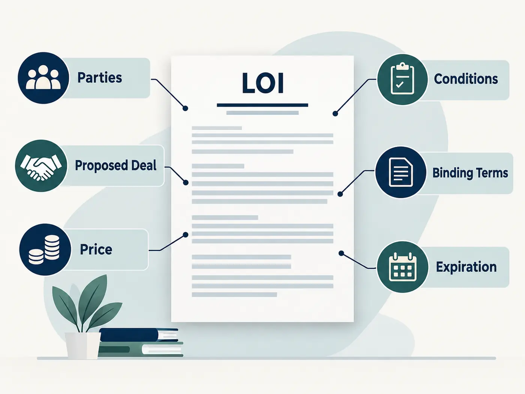 Main parts of a business letter of intent marked on a sample page