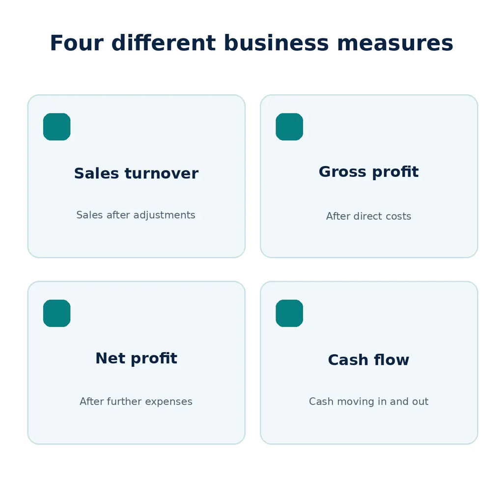 Comparison of sales turnover, gross profit, net profit, and cash flow.