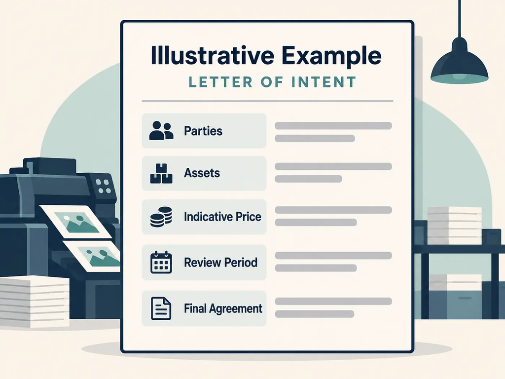Fictional business acquisition LOI showing proposed price and review conditions
